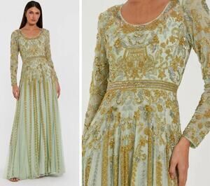 MAC DUGGAL 6201 Green Size 14 Beaded Long Sleeve Scoop Neck A Line Gown NWOT$898